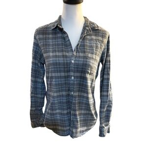 Frank & Eileen BARRY Tailored Button-Up Shirt Italian Flannel Blue Gray Plaid